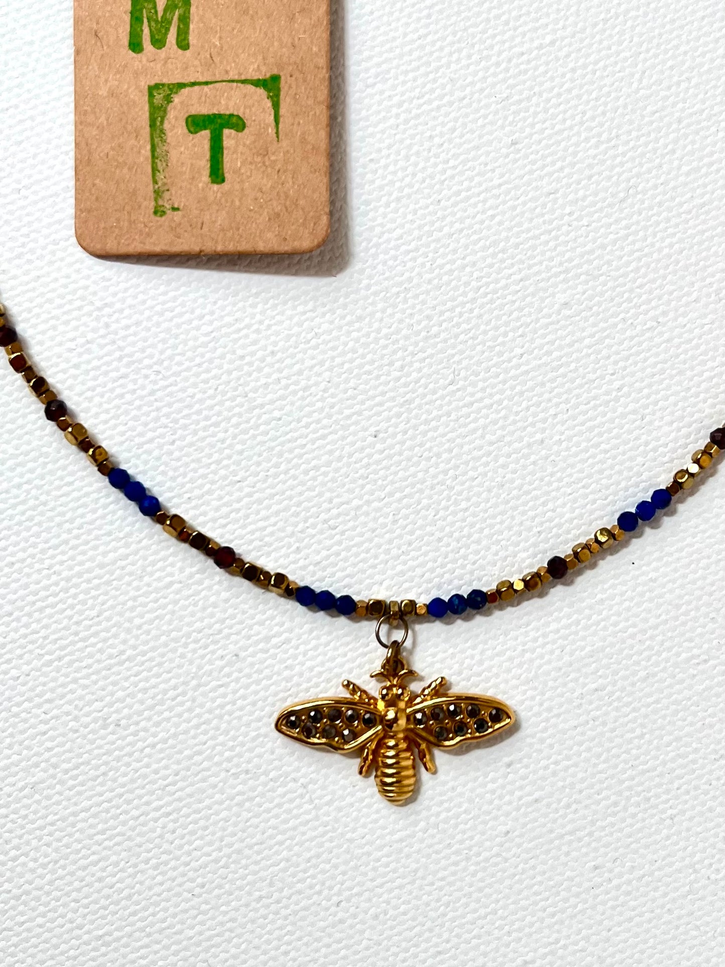Naszyjnik Lapis lazuli Granat Hematyt z zawieszką pszczoły Kolekcka Bizancjum